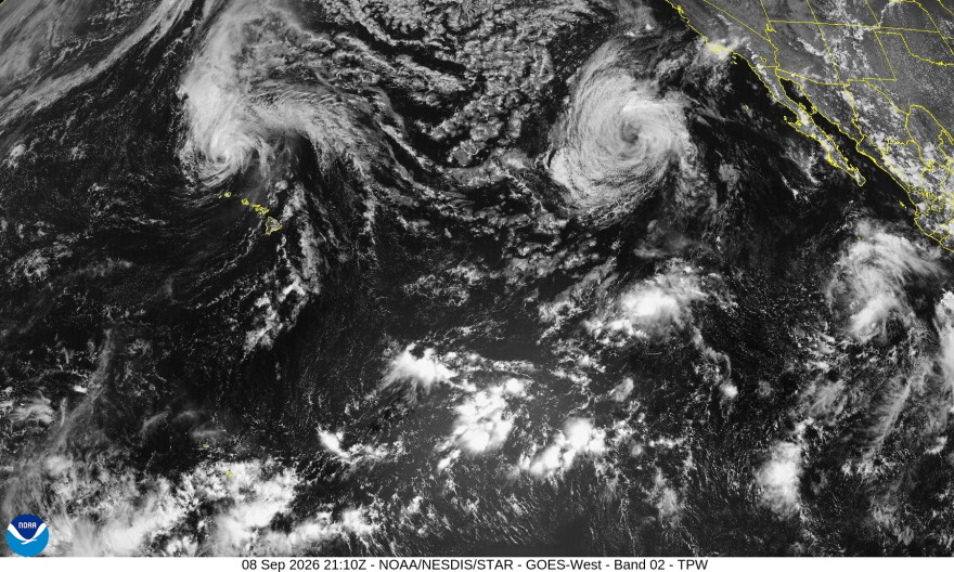 A satellite image shows Hurricane Lowell moving away from the Hawaiian Islands Tuesday morning, Sept. 8, 2026.
