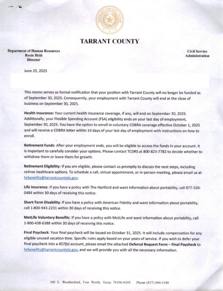 A scanned termination letter from Tarrant County, advising an employee their job will no longer exist as of September 30, 2025.