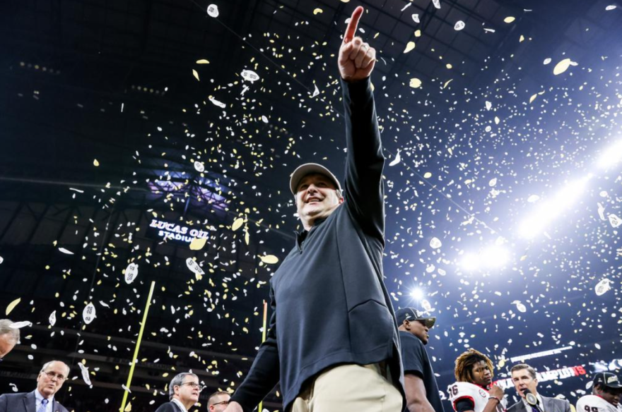 UGA Head Coach Kirby Smart, shown celebrating the Bulldogs' national title win in January, is on track for a second consecutive run at the national championship, but he says his focus - and the team's - is on Saturday's SEC Championship game against LSU.