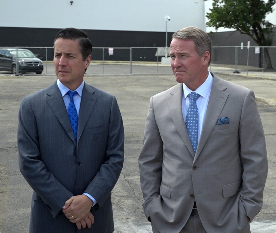 U.S. Sens. Bernie Moreno (left) and Jon Husted at an event in Columbus in August 2025.