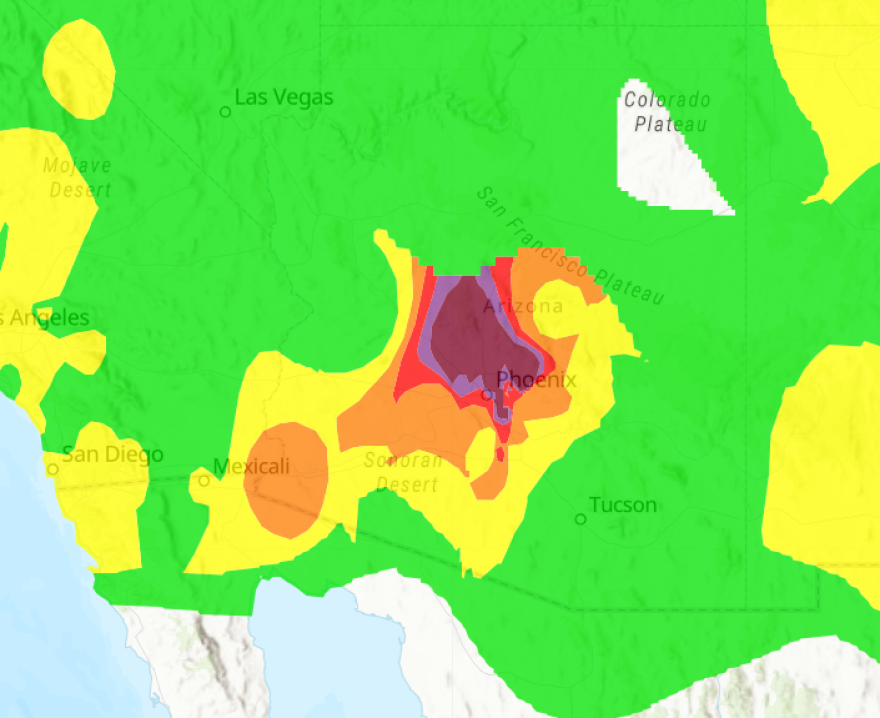 A map showing air quality levels in Arizona. 