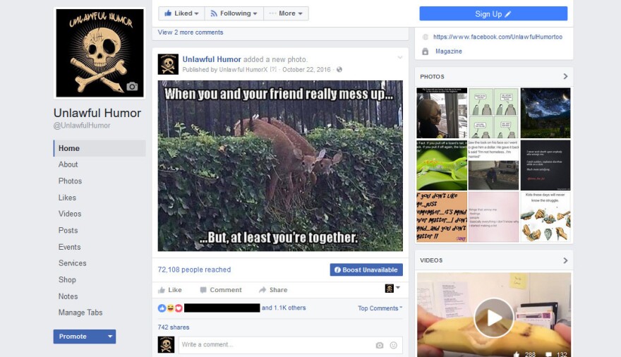 An example of Tim Lawler's Facebook page, Unlawful Humor. <em>Editor's note: Names of individuals have been obscured to protect their privacy.</em>