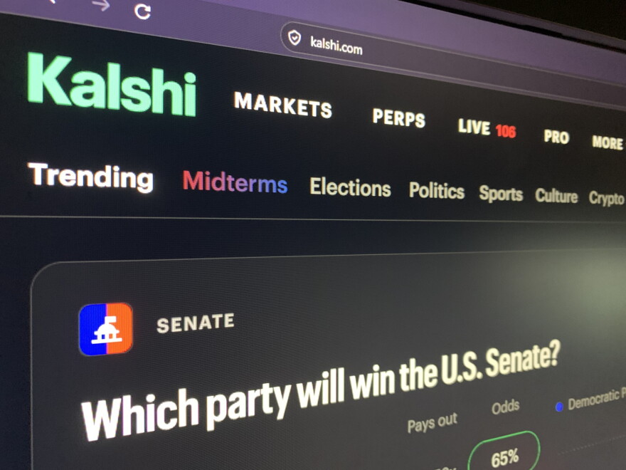 Close-up of a computer screen on the Kalshi website. Along the top are various topics to put wagers on, like midterms and sports. The one featured currently is "Which party will win the U.S. Senate?"