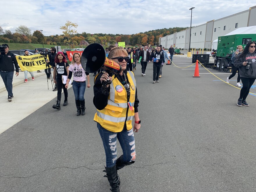 Schodack ALB1 union campaign organizer Heather Goodall leads supporters in a march on Monday, October 10th, 2022. 