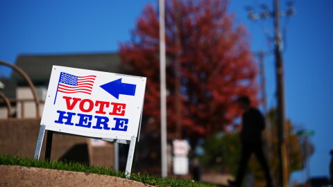 A sign invites voters to cast their ballots on Wisconsin's first day of early voting, Tuesday, Oct. 20, 2026, in Eau Claire, Wis.
