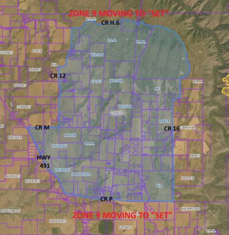 The area in blue, called Zone 9 by fire responders, was moved to SET evacuation status on July 4th for the Ferris Fire