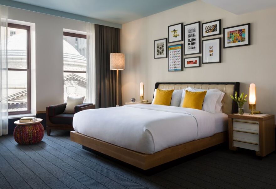 Guest rooms at the Kimpton Schofield Hotel, at East 9th Street and Euclid Avenue, are welcoming tourists back to Downton Cleveland for the NFL Draft. [Kimpton Schofield Hotel]