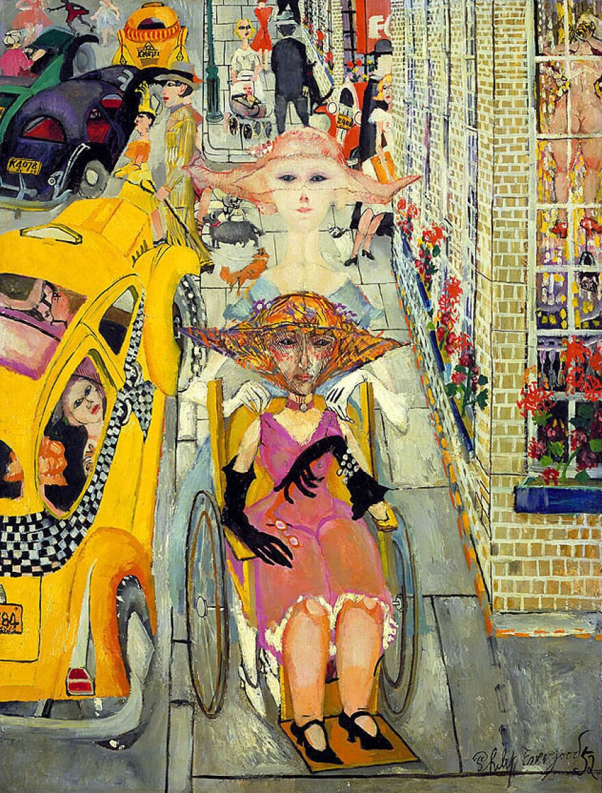 In Philip Evergood's 1952 <em>Dowager in a Wheelchair</em>, there are visual parallels between the old woman being wheeled in the foreground and the child being wheeled in the background.