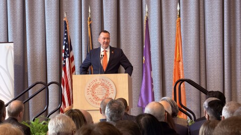 J. Michael Haynie speaks to the Syracuse University community after being named the university's 13th chancellor on Tuesday March 3, 2026
