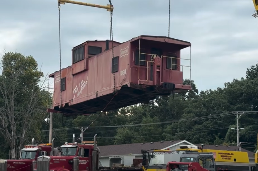 The Frisco caboose at Finley River Park in Ozark is moved to its new location at the Ozark Community Center on August 24, 2026.