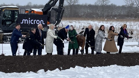 Elected leaders and Micron officials break ground at White Pine Commerce Park in Clay Jan. 16, 2026.