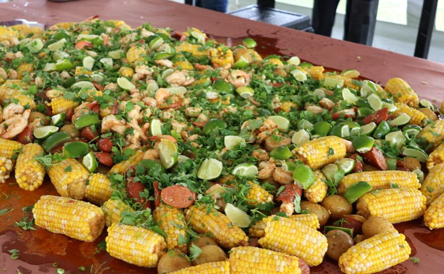 Steaming pile of shrimp, sausage, Michigan corn, and potatoes, all tossed in what Tony Vu calls “jungle butter.”