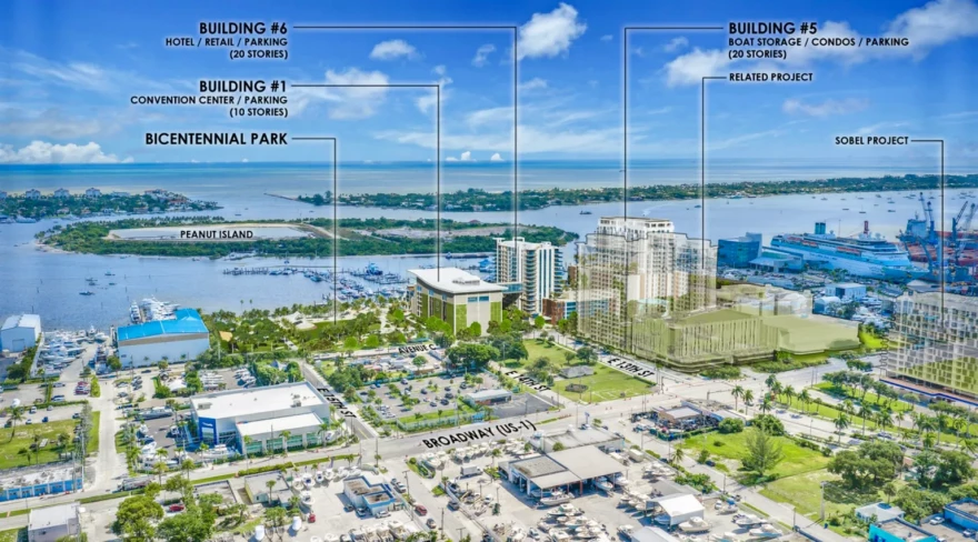 A broader view of the Marina Village site shows buildings under construction as well as Forest Development’s proposed approach.