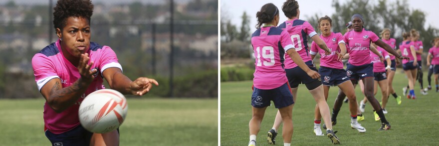 (Left) Bui Baravilala makes a pass during practice. (Right) The team exercises together.