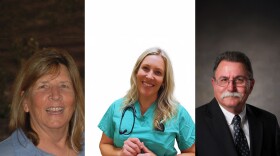A woman in a brown shirt, a woman in green scrubs and a man in a suit stare forward smiling.