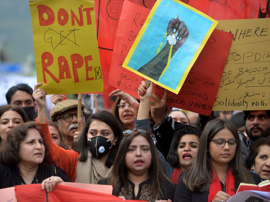 Marchers shout slogans during a rally to mark International Women's Day in Islamabad Sunday.