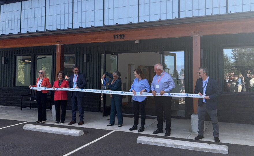 Oregon State University President Jayathi Murthy cuts the ribbon for the opening of PacWave, a wave energy generation testing facility, Aug. 27, 2026.