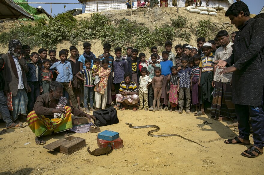 With his snake-and-weasel show, a Bengali herbal medicine salesman (far right, in black tunic) draws a crowd at the Kutupalong refugee camp.