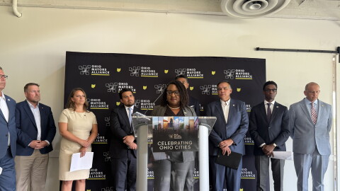 Members of Ohio Mayors Alliance talk to reporters about policy recommendations they are making for Ohio's next governor and General Assembly.