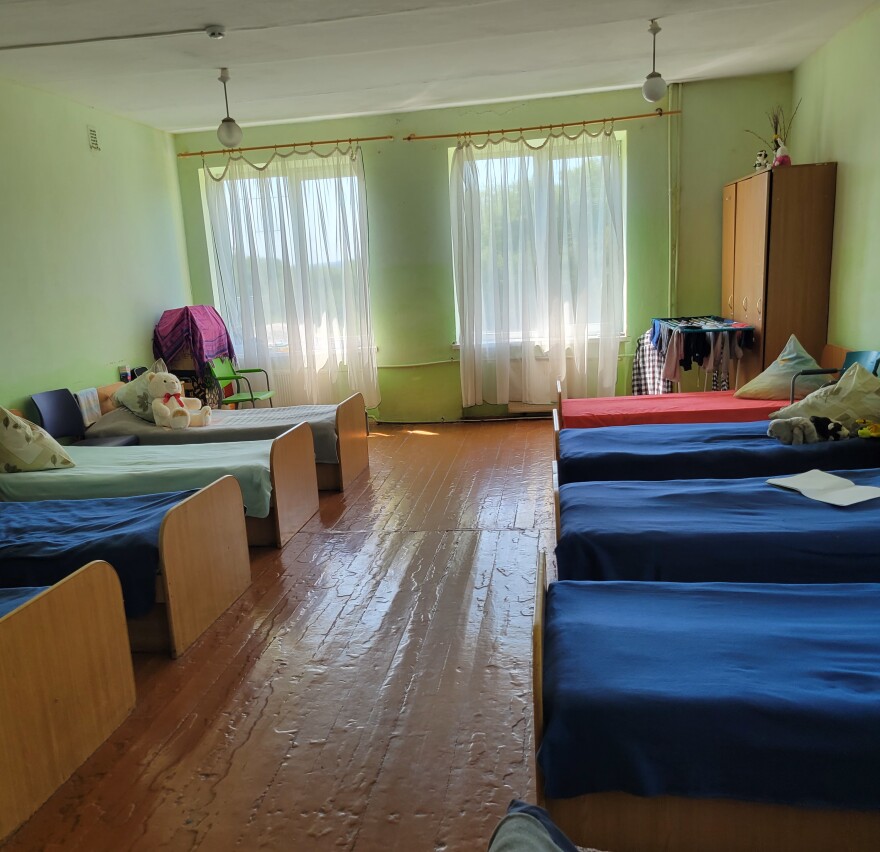 A classroom-turned-dorm in a makeshift shelter for children in a school in Vynnyky, on the outskirts of the city of Lviv in western Ukraine.
