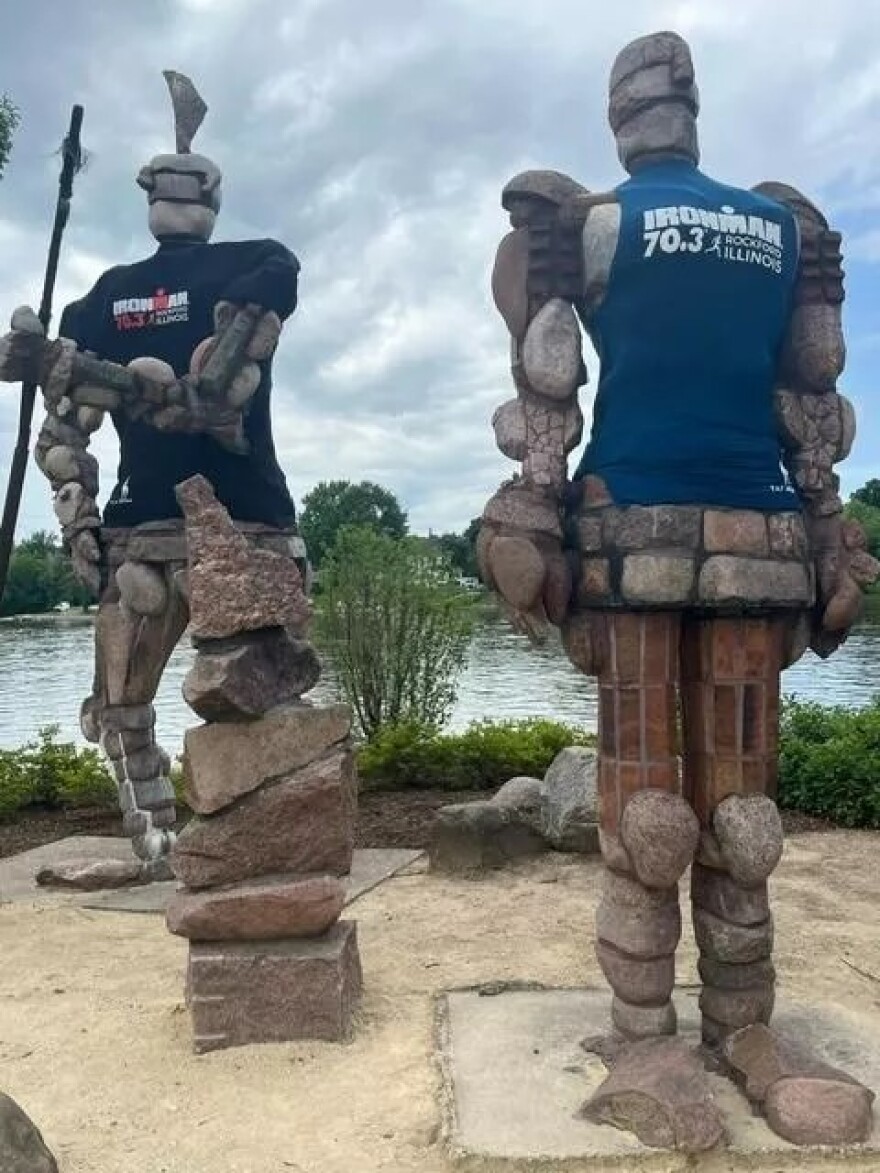 The Ironman 70.3 Rockford triathlon starts near the sculptures of the Rock Guardians with a 1.2-mile swim of the Rock River on Sunday.