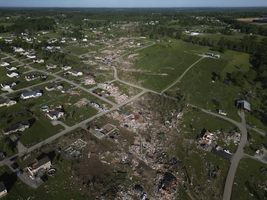 A path of destroyed homes is seen, Sunday, May 18, 2025, in London, Ky., after a severe storm passed through the area. (AP Photo/Carolyn Kaster)