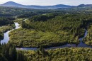 Drone view of canoeing on the Magalloway River, just north of Parmachenee Lake in Maine's northern forest.