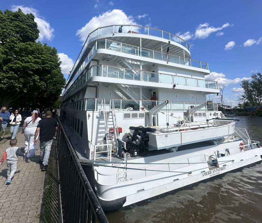 The American Patriot, a 130-passenger cruise ship, docked Thursday, May 28, 2026 near Erie Basin Marina, the first such ship to stop in Buffalo in decades.