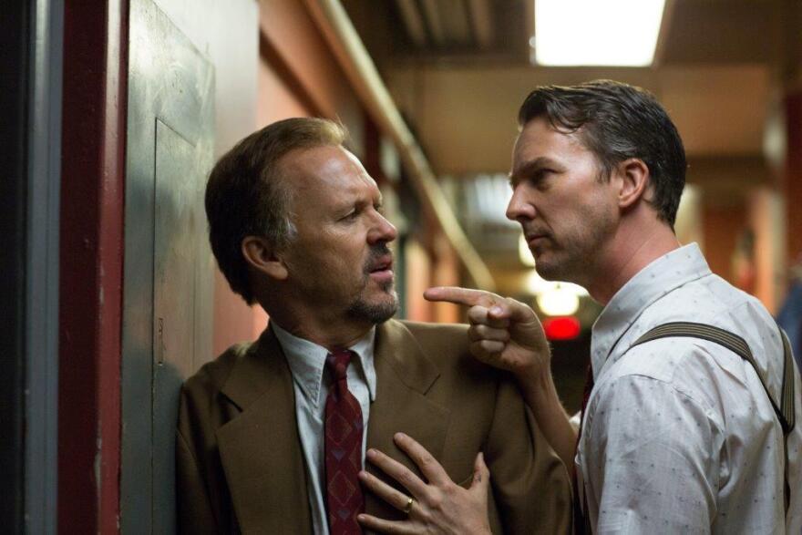 Mike Shiner, played by Ed Norton (right), and Riggan Thompson, played by Michael Keaton, have a tense moment backstage on Broadway.