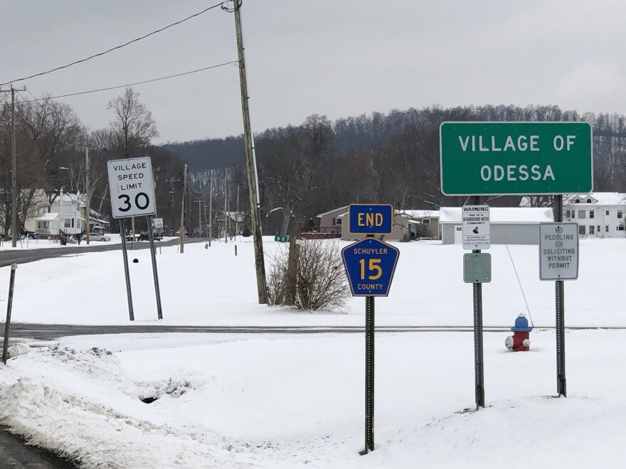 Village of Odessa sign next to the municipal offices and campus.