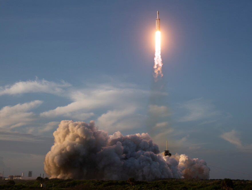 This image provided by NASA shows a SpaceX Falcon Heavy rocket with the space observatory Roman Telescope launching at the Kennedy Space Center in Cape Canaveral, Fla., Sunday, Aug. 30, 2026.