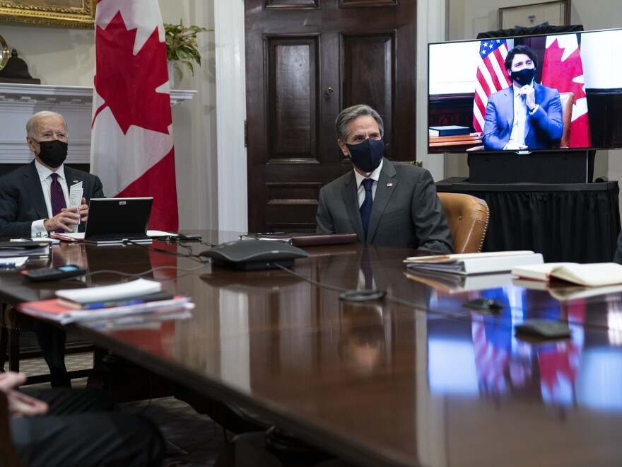President Biden and his team, including Secretary of State Antony Blinken, met virtually with Canadian Prime Minister Justin Trudeau in the Roosevelt Room of the White House.