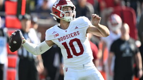 Indiana quarterback Josh Hoover throws a pass in the first quarter of an NCAA college football game against Michigan, Saturday, Oct. 24, 2026, in Ann Arbor, Mich.