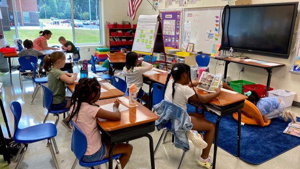 Students on the first day of school at the new CMS Mint Hill Elementary School.