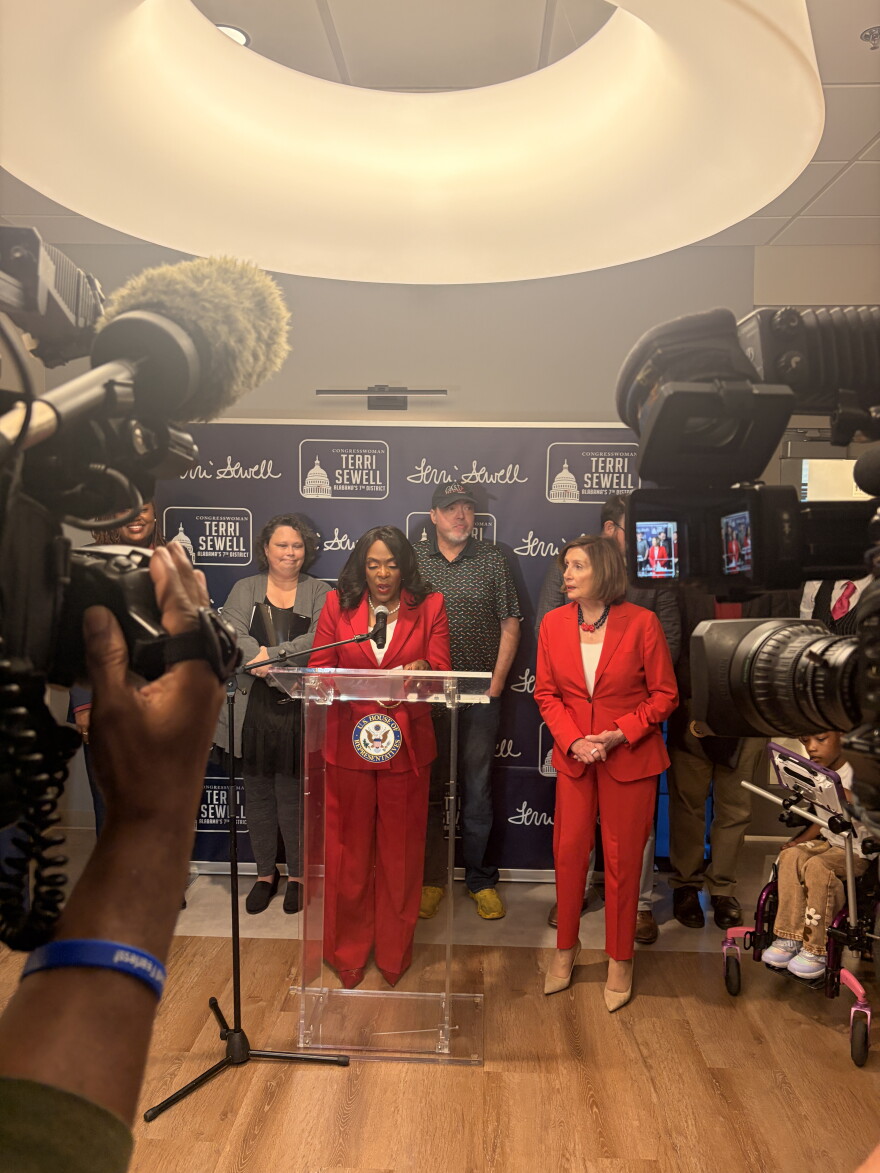 U.S. Rep. Terri Sewell and Speaker Emeritus Nancy Pelosi stand with other panelist during a press conference following a discussion on health care cuts.