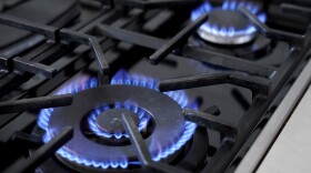 Flames emerge from burners on a natural gas stove.