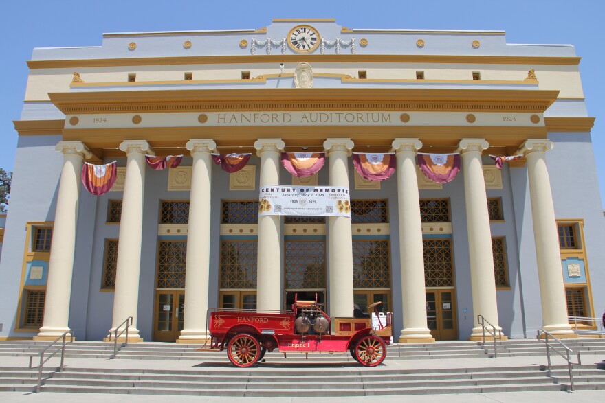 The Hanford Civic Auditorium with fresh paint that is colored to match the era in which it was built