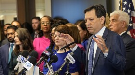 State Senate majority leader Sen. Scott Surovell D-Fairfax, right, gestures during a press conference at the Capitol, Wednesday Jan. 10, 2024, in Richmond, Va.