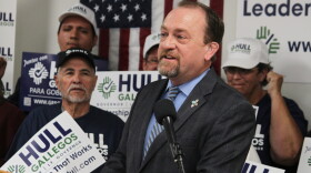 Republican gubernatorial nominee Gregg Hull introduces his plan for phasing out state income tax for all New Mexicans during a news conference in Albuquerque, N.M., on Oct. 5, 2026.