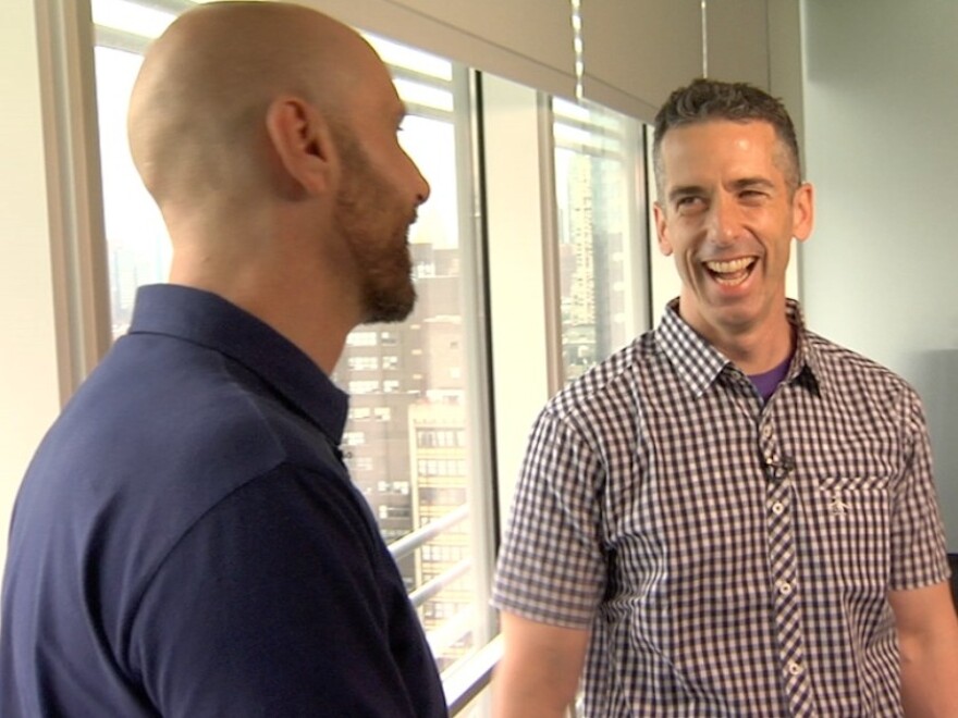 <em>Do I Sound Gay?,</em> David Thorpe's (left) exploration of the "gay sound," takes him to academics, voice coaches and gay activist and columnist Dan Savage (right).