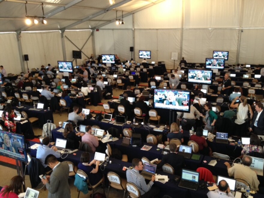 Reporters covering the Republican Party presidential debate in 2015 in Simi Valley.