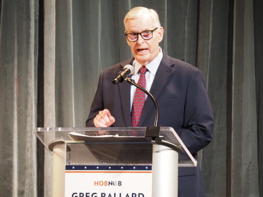 Lincoln Party candidate Greg Ballard answers a question during a debate for Secretary of State on Aug. 26, 2026 in downtown Indianapolis.