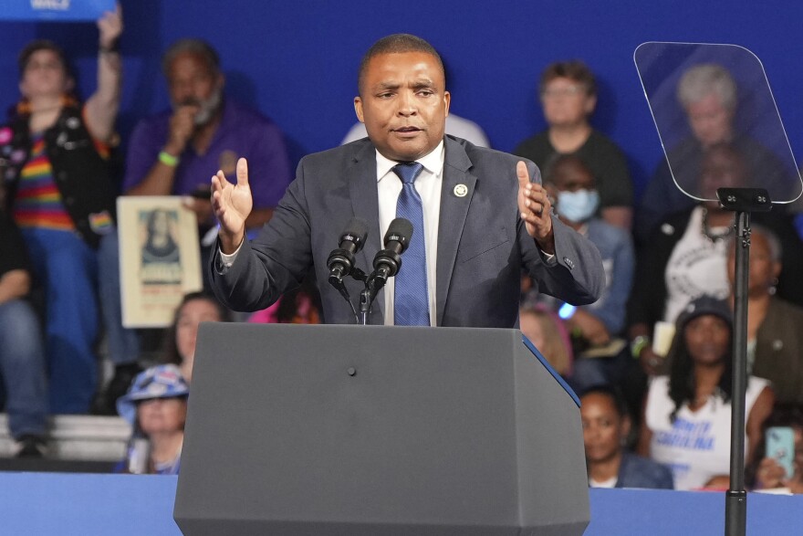 Rep. Don Davis, D-N.C., speaks at a campaign event for Democratic presidential nominee Vice President Kamala Harris, at East Carolina University, Oct. 13, 2024, in Greenville, N.C. (AP Photo/David Yeazell, File)
