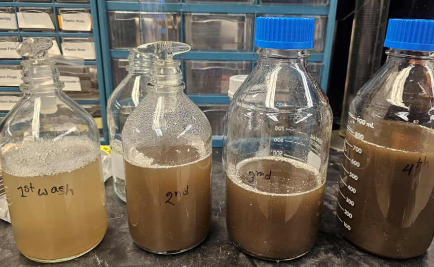 Untreated water the researchers tested during their study. They kept track of chemicals throughout recycling washing processes and found that contaminants built up in the water after several washing cycles.