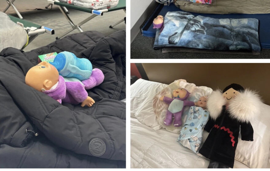 Baby at Egan Center (left). Baby at Kipnuk School on Oct. 11, 2025. Baby with two doll friends at a Spenard hotel room (bottom right) where the John family lived until a rental home became available after Christmas.