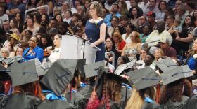 Elizabeth Sliger, executive director of Indiana Digital Learning School and Indiana Digital Alternative School, presides over a joint commencement ceremony in Indianapolis on May 28, 2026. An estimated 900 graduates were in attendance.