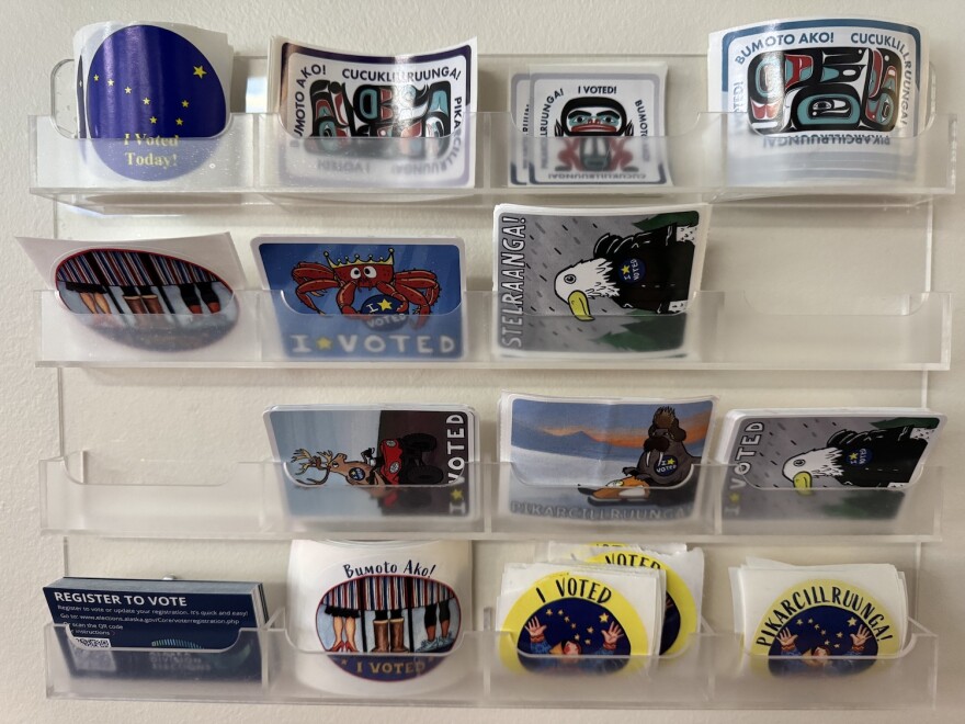 "I voted" stickers are seen on display in the headquarters offices of the Alaska Division of Elections in Juneau on Tuesday, Nov. 12, 2024.