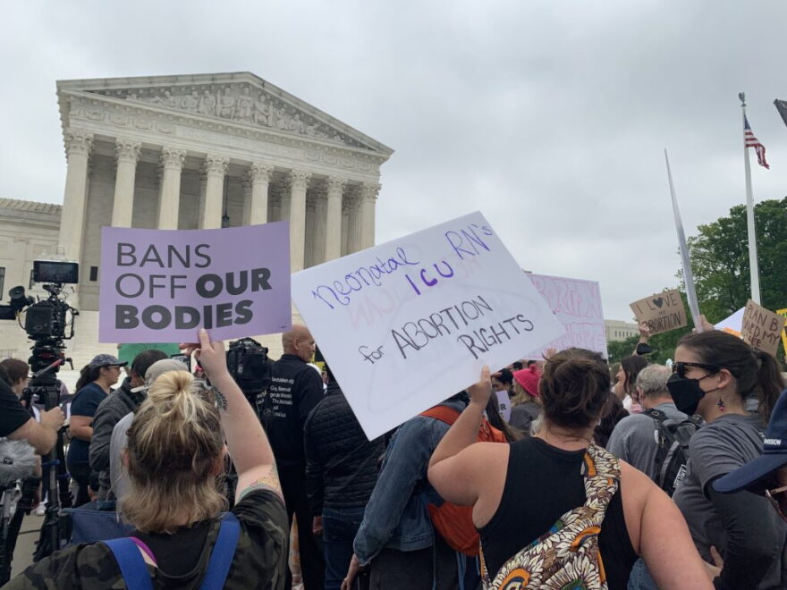 Abortion rights activists gather on May 3, 2022, in front of the U.S. Supreme Court building in Washington, D.C., after news broke the previous night that a draft opinion leaked to the media confirms that the court is considering overturning Roe v. Wade. (Jane Norman/States Newsroom)