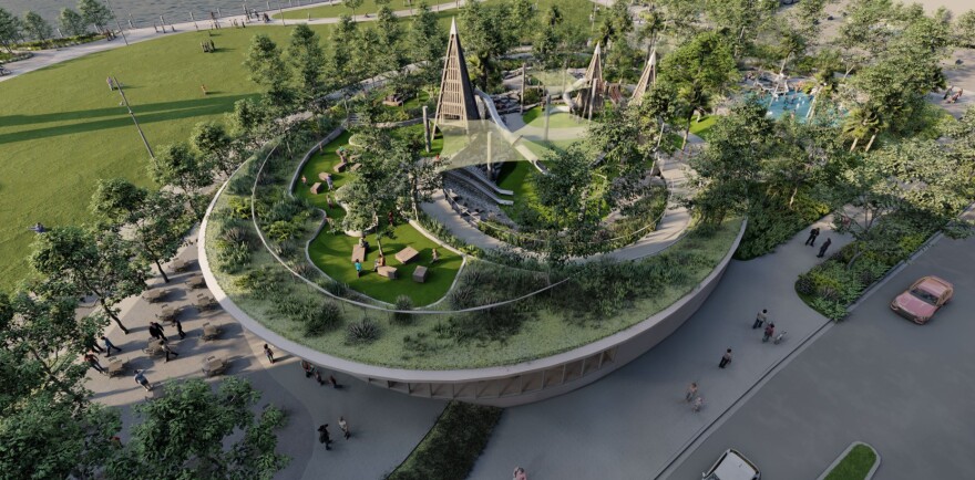 Part of the plaza's first phase will include curving walkways, native plant gardens and a cafe with a playground on top of it.