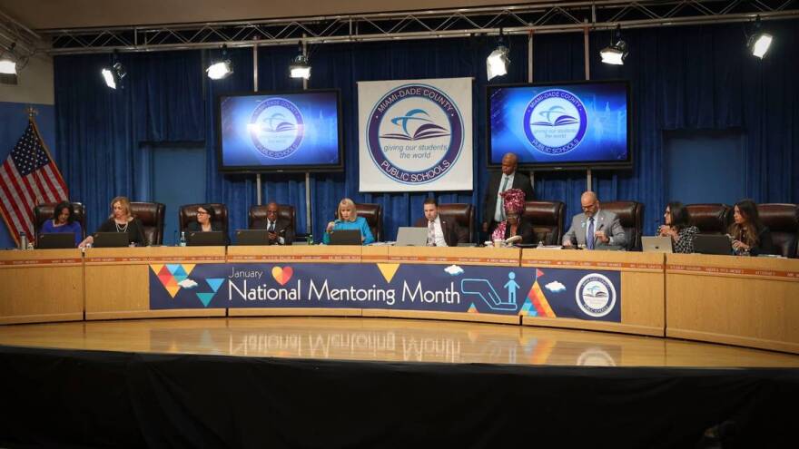 The Miami-Dade school board holds a meeting after swearing in the newly appointed member, Maria Bosque-Blanco, on Wednesday, Jan. 18, 2023, in downtown Miami.